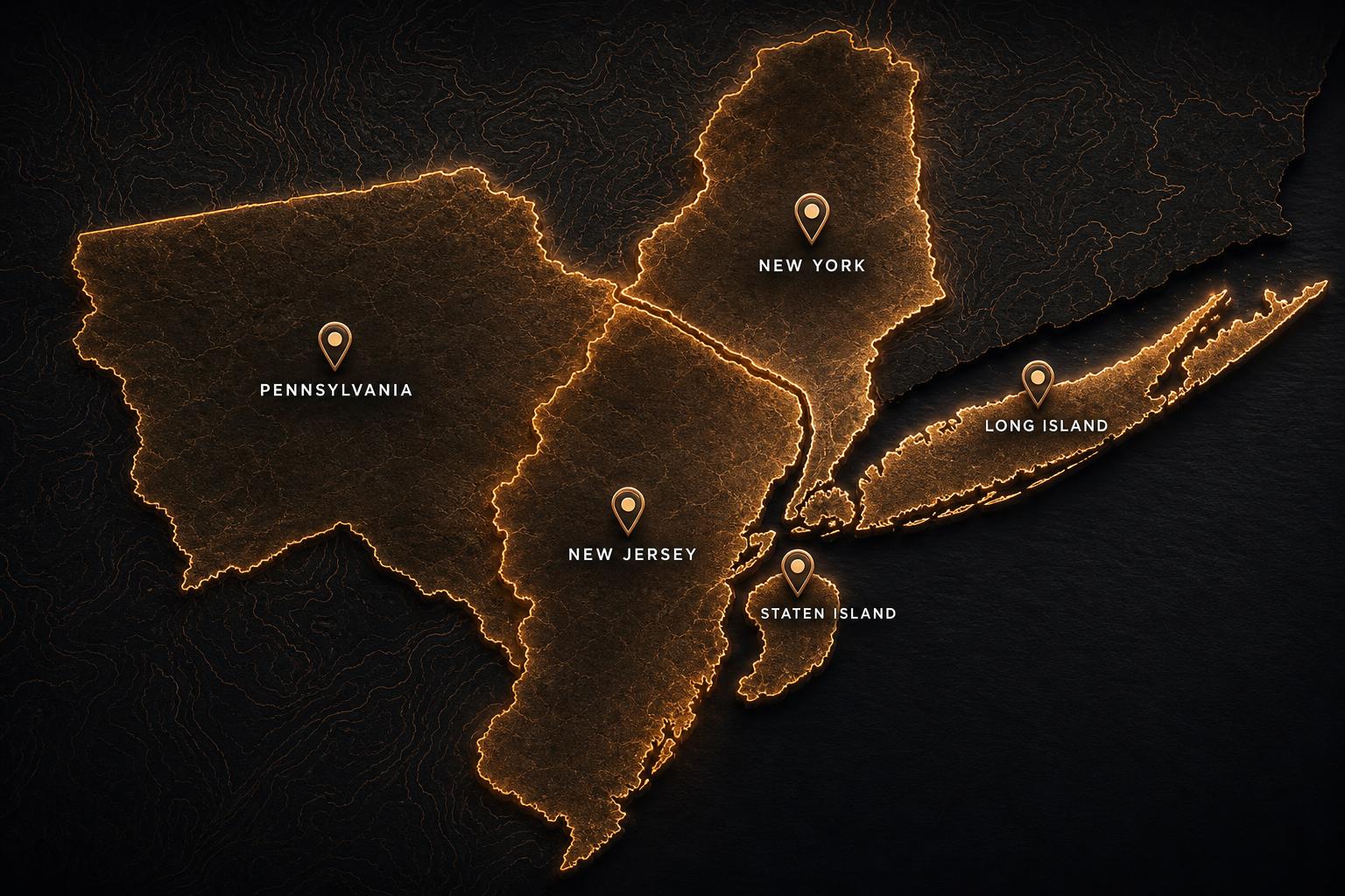 Service area map covering New Jersey, New York, Pennsylvania, Long Island, and Staten Island